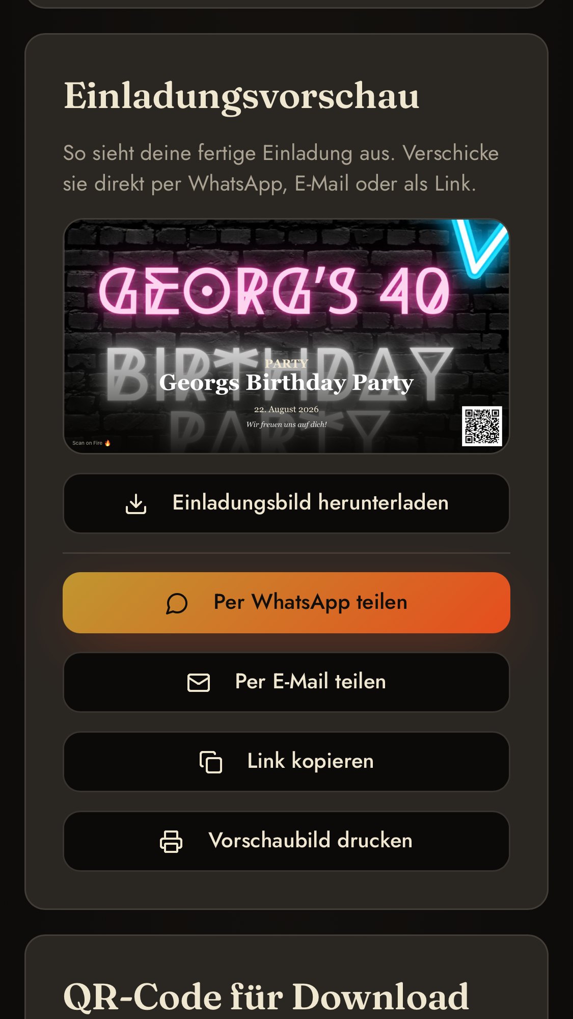 ScanOnFire App – fertige Einladung teilen per WhatsApp, E-Mail oder Link