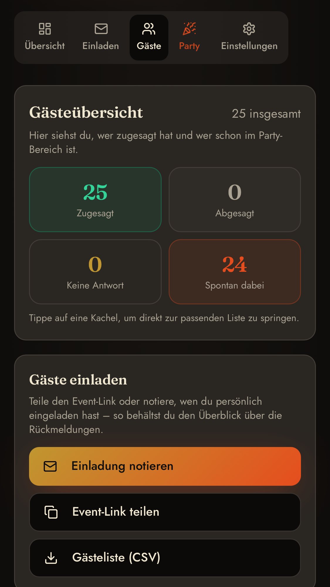 ScanOnFire App – Gästeübersicht mit Zu- und Absagen